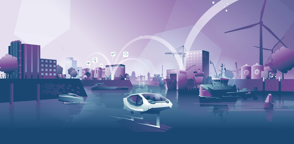 Geïllustreerde skyline van opgave Werken & Economie binnen Smart Delta Drechtsteden