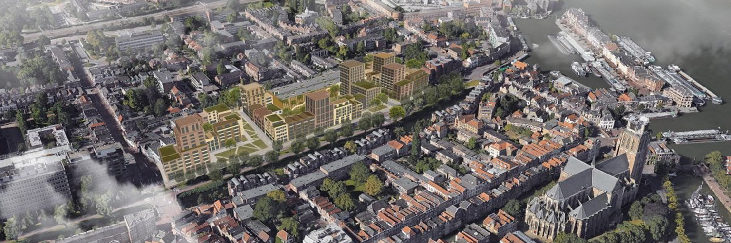 Sfeerimpressie vanuit de lucht op de Spuiboulevard waar oude kantoorgebouwen ruimte maken voor nieuwbouw