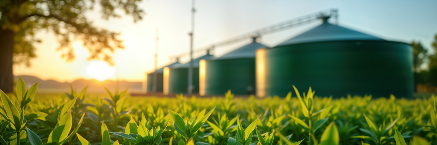 Biogas locaties in veld bij zonsondergang