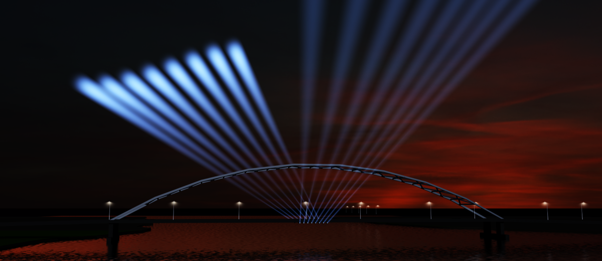 De merwedebrug is een van de bruggen die tijdens Spotlight On verlicht is.