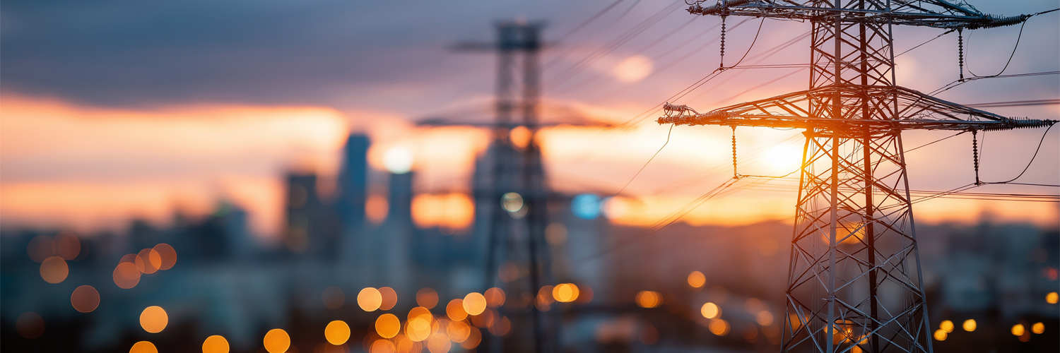 Elektriciteitsmasten bij zonsondergang op industriegebied